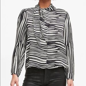 Banana Republic NWT Zebra Print Mock Neck Tie Long Sleeve Blouse Size XS